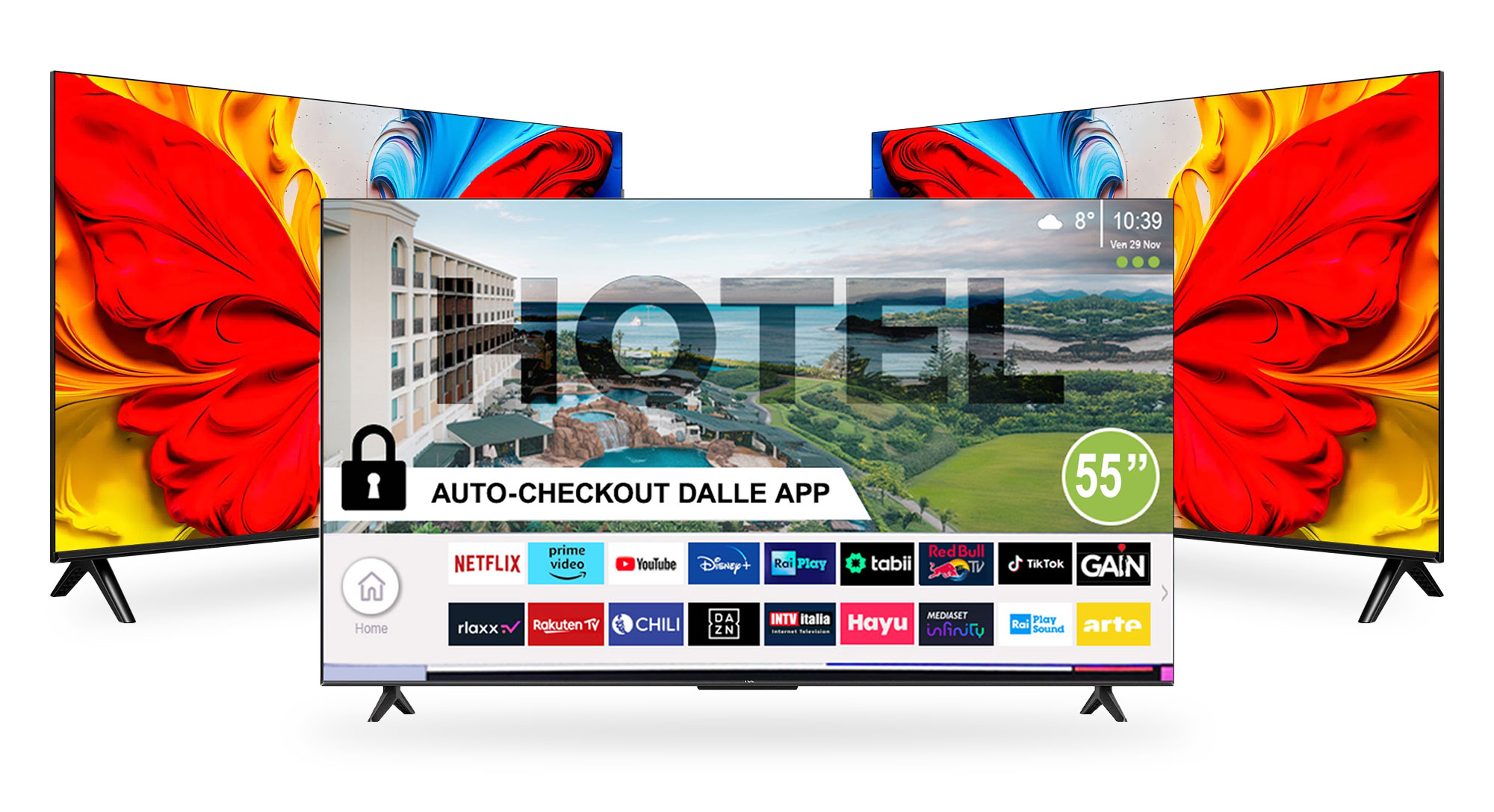 Tre Smart TV Interface Luxury con la schermata delle app per hotel